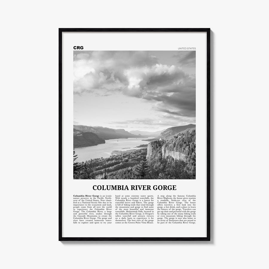 Columbia River Gorge black & white newspaper poster of Oregon & Washington, USA – vertical wall art, unframed print shown in 