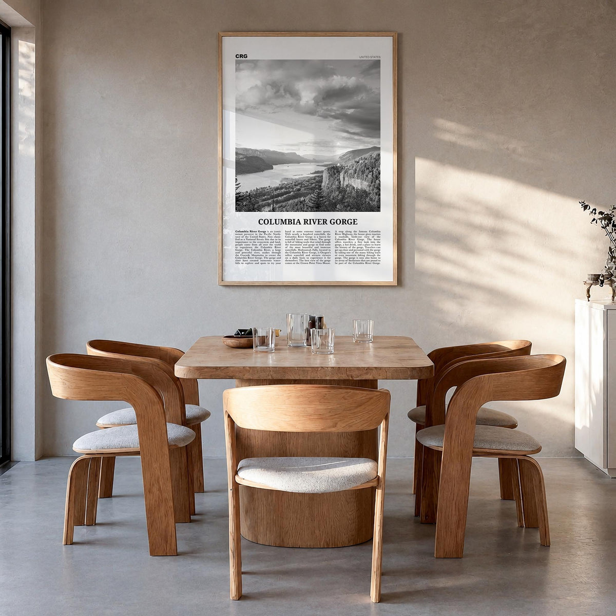 Columbia River Gorge black & white newspaper poster of Oregon & Washington, USA – vertical wall art in natural wood frame, ha