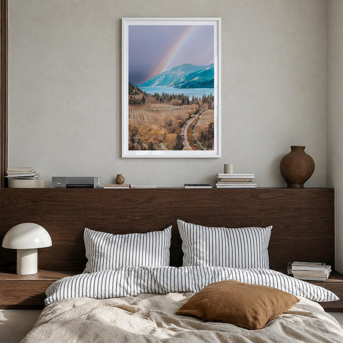 Columbia River Gorge no. 2 colorful photo poster of Oregon & Washington, USA – vertical wall art in white wood frame with whi