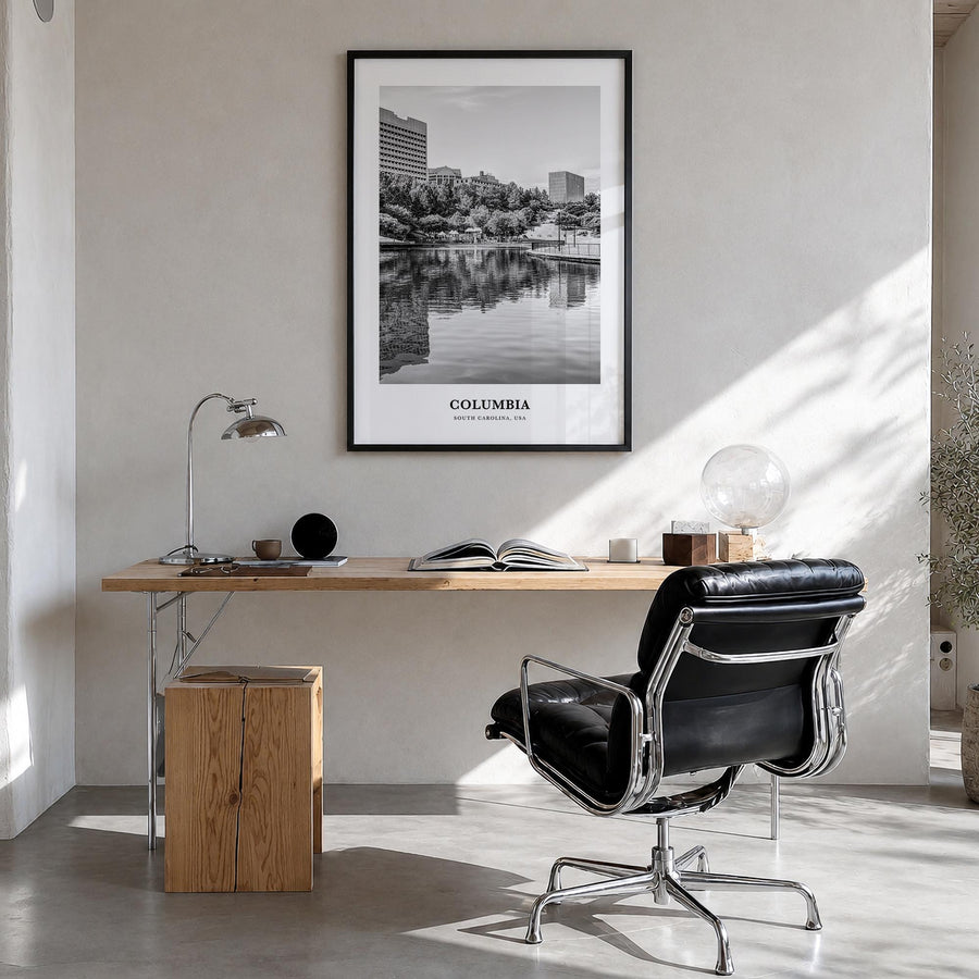 Columbia, South Carolina black & white classic poster of South Carolina, USA – vertical wall art in black wood frame, hanging