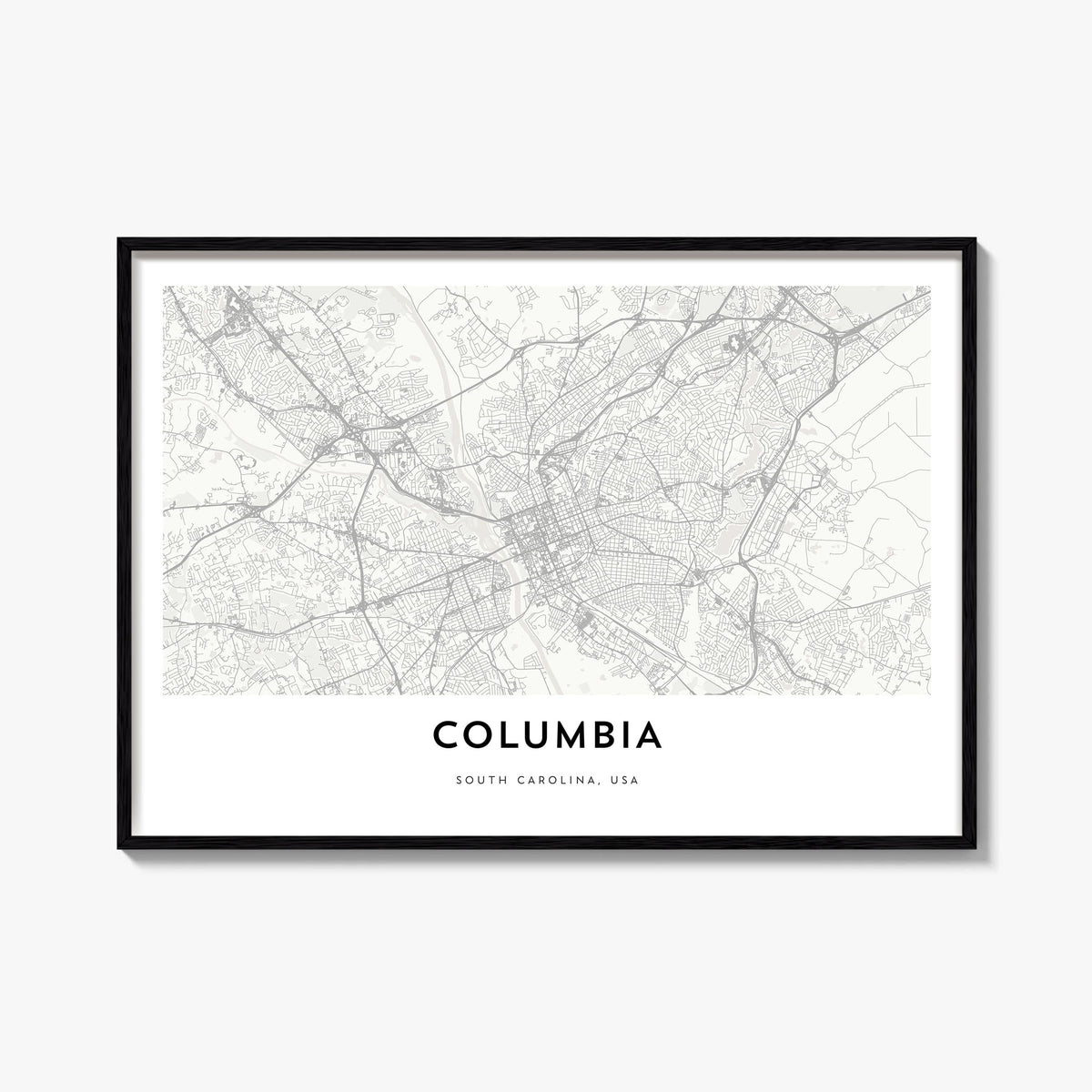 Columbia, South Carolina black & white map poster of South Carolina, USA – horizontal wall art, unframed print shown in inter