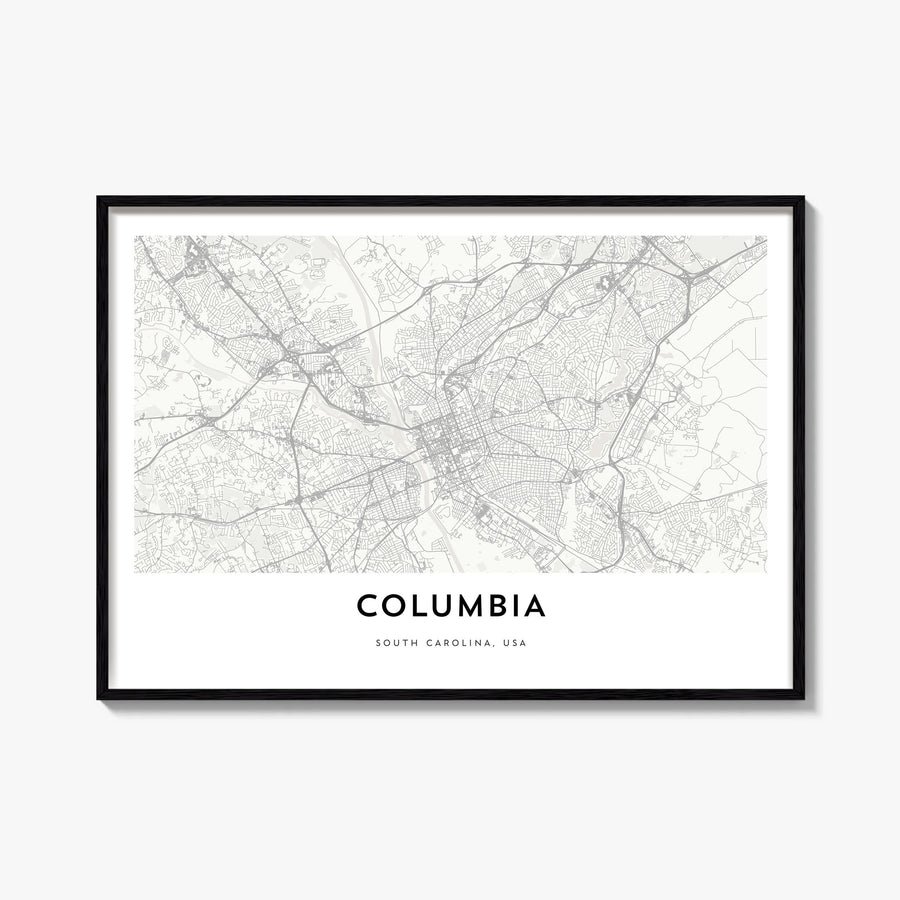 Columbia, South Carolina black & white map poster of South Carolina, USA – horizontal wall art, unframed print shown in inter