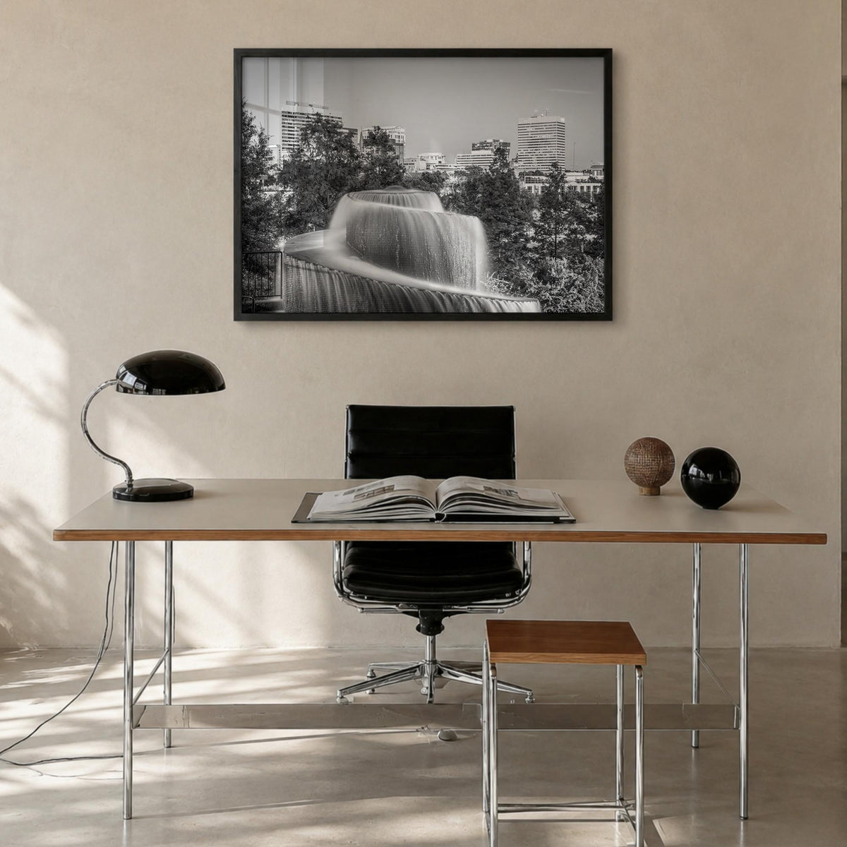 Columbia, South Carolina black & white photo poster of South Carolina, USA – horizontal wall art in black wood frame, hanging