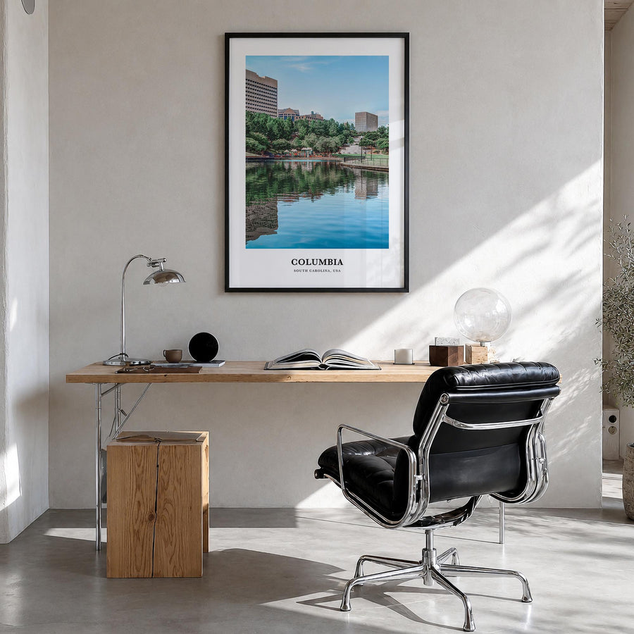Columbia, South Carolina colorful classic poster of South Carolina, USA – vertical wall art in black wood frame, hanging on w