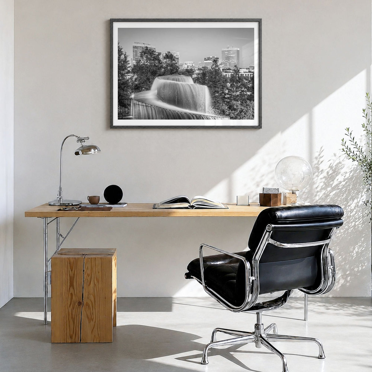 Columbia, South Carolina Photo Poster in a black wood frame, hanging in a bright home office, white border