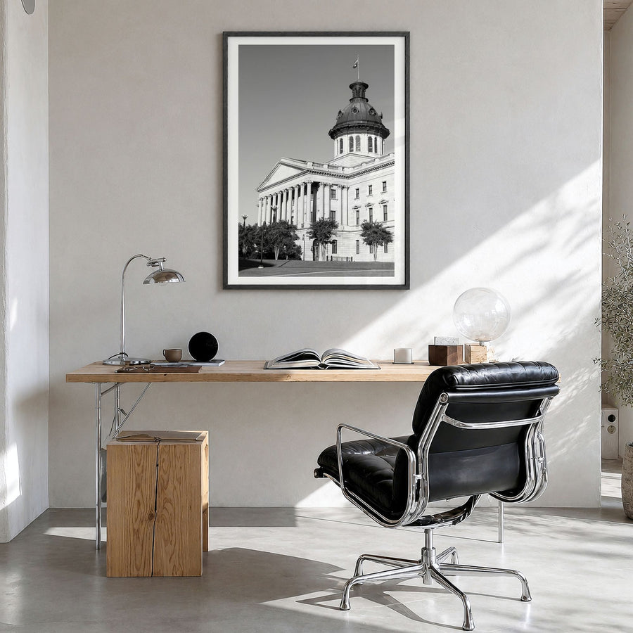 Columbia, South Carolina Photo Poster in a black wood frame, hanging in a bright home office, white border