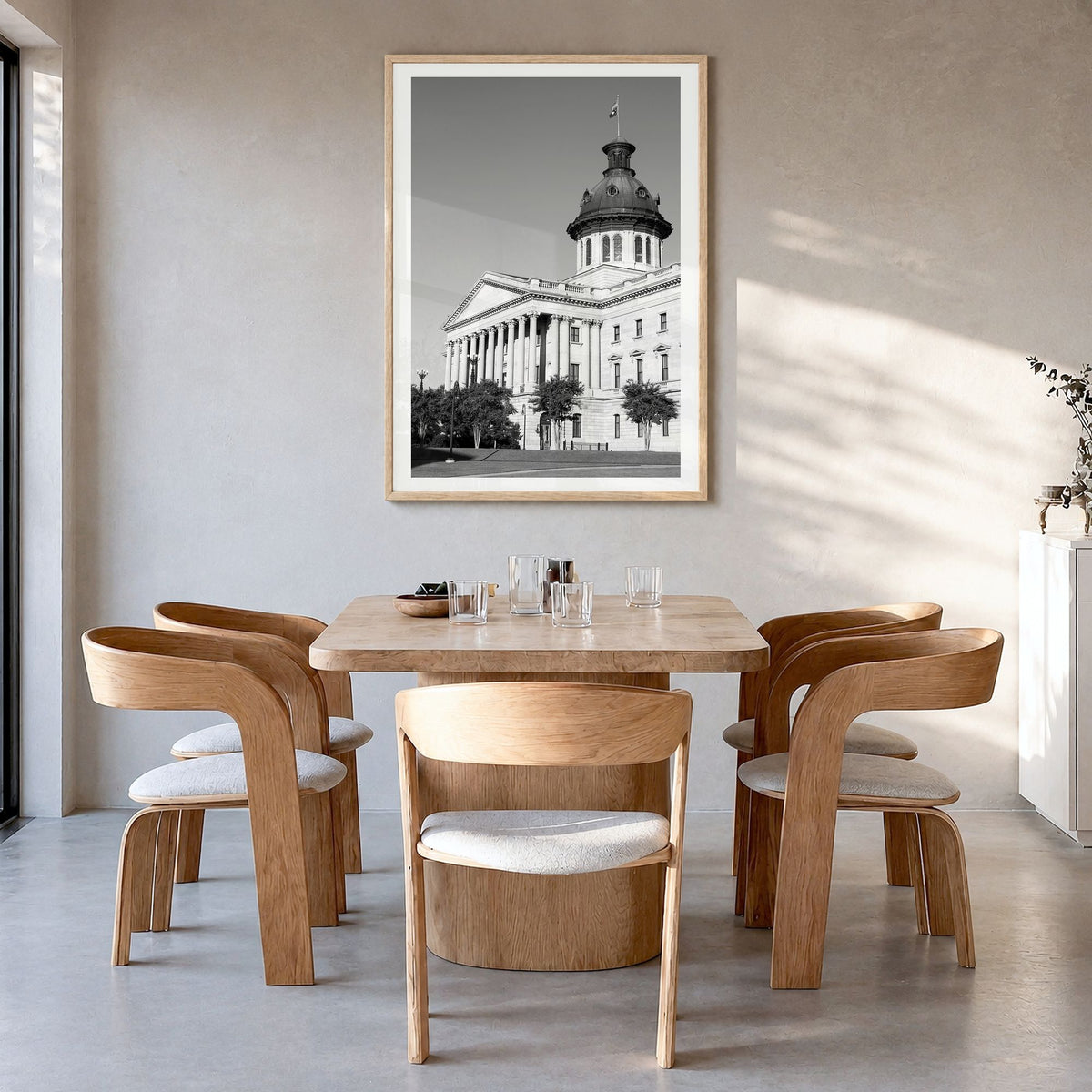 Columbia, South Carolina Photo Poster in a natural wood frame, hanging in a dining room, white border