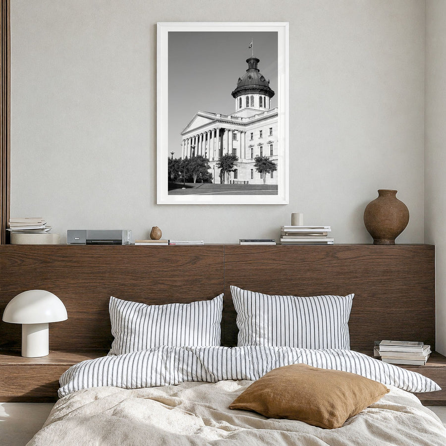 Columbia, South Carolina Photo Poster in a white wood frame, hanging in a bedroom, white border