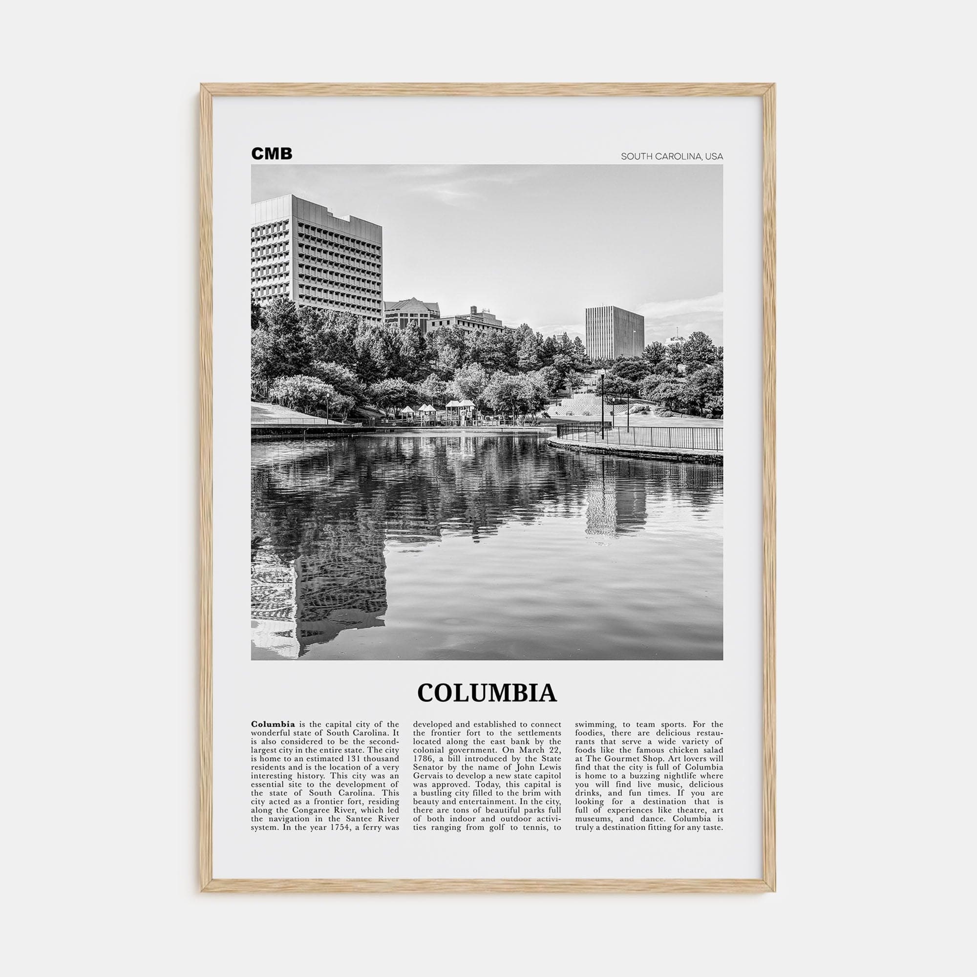 Columbia, South Carolina Poster Natural Wood / 8x12 in Nbourhood Travel B&W Poster