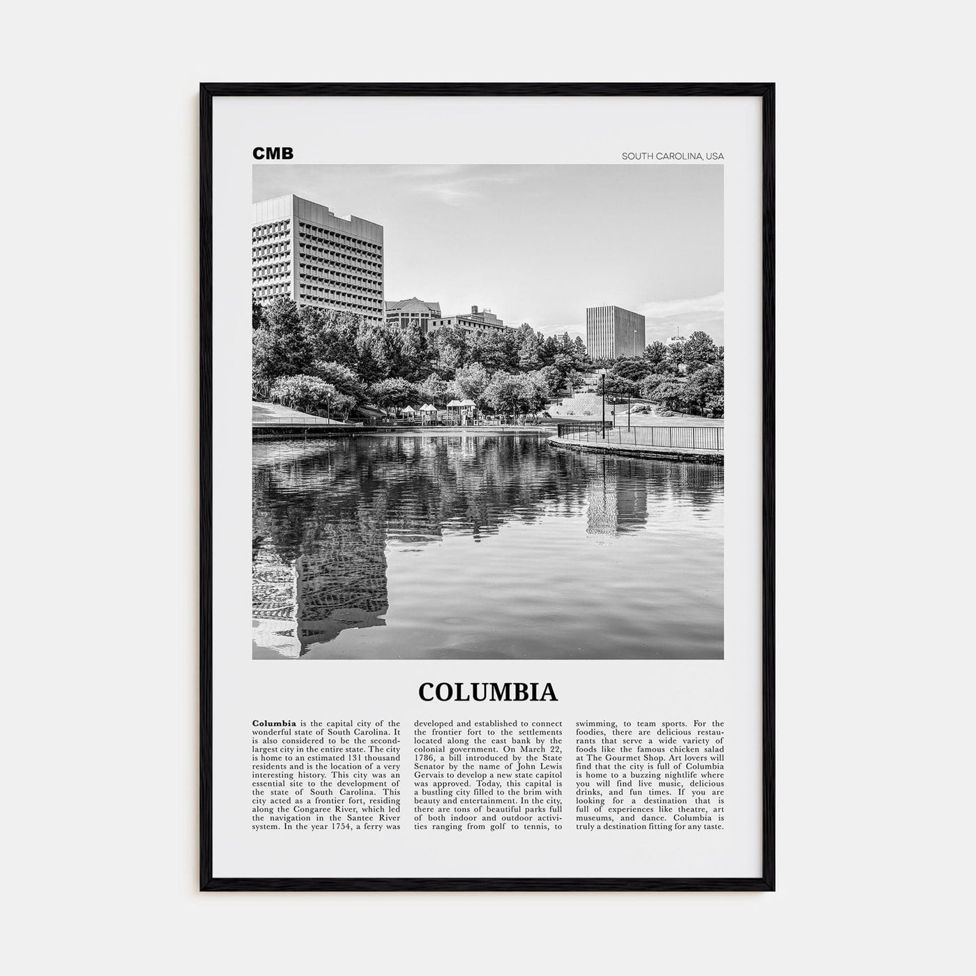 Columbia, South Carolina Poster Black Wood / 8x12 in Nbourhood Travel B&W Poster