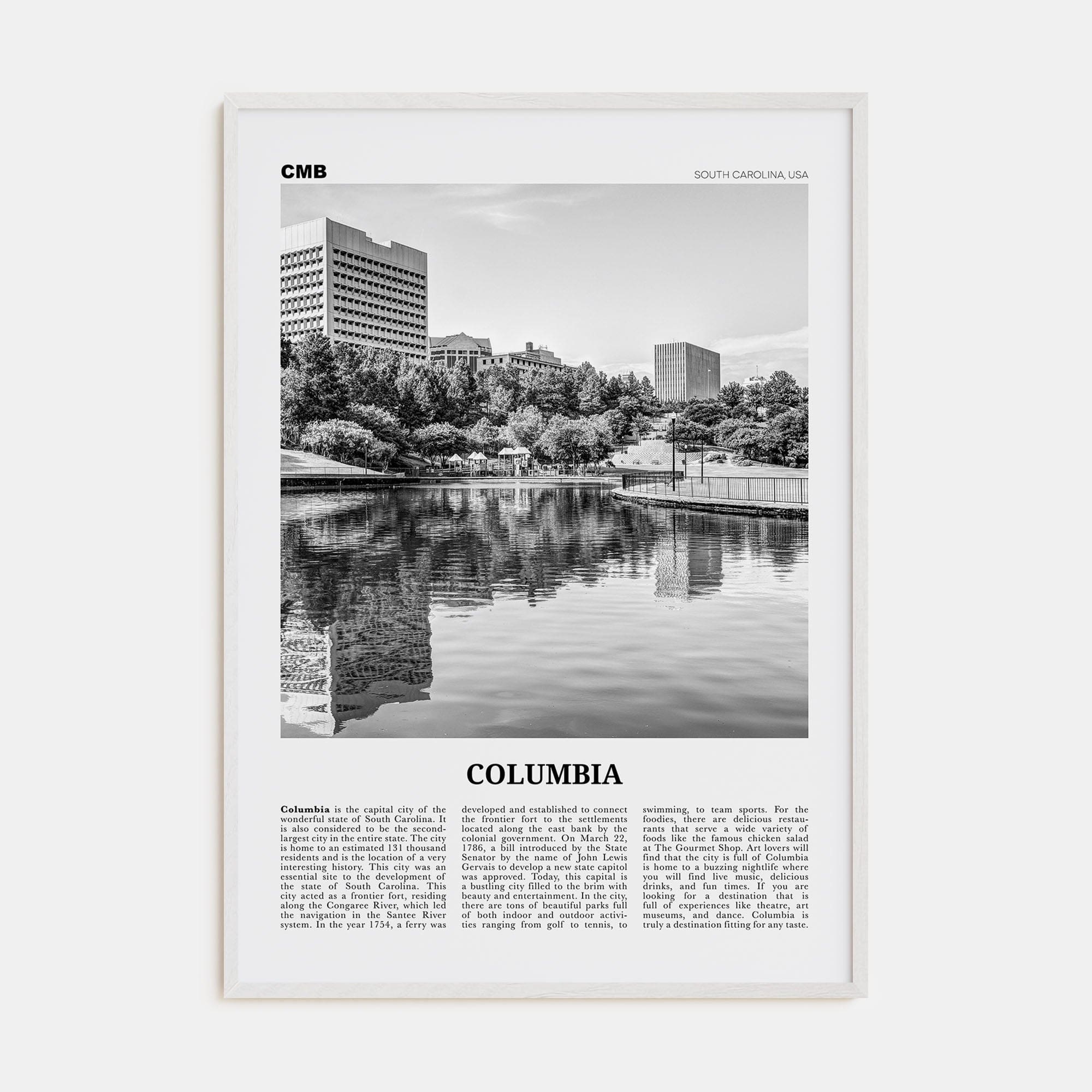 Columbia, South Carolina Poster White Wood / 8x12 in Nbourhood Travel B&W Poster