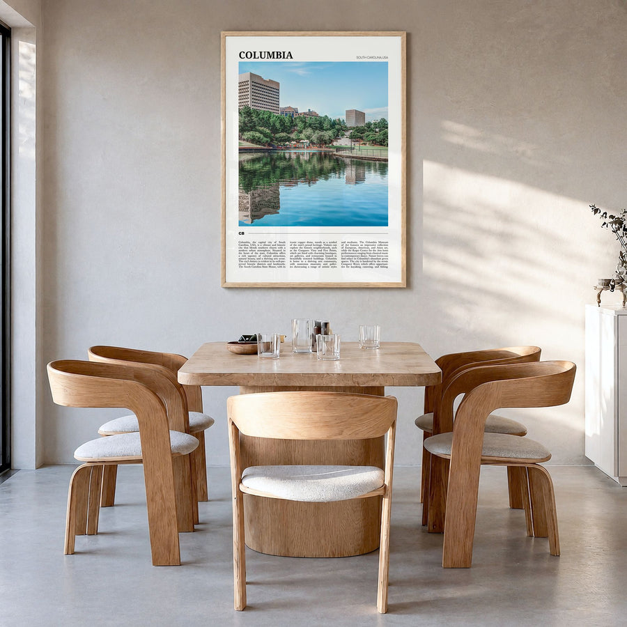 Columbia, South Carolina Travel Poster in a natural wood frame, hanging in a dining room
