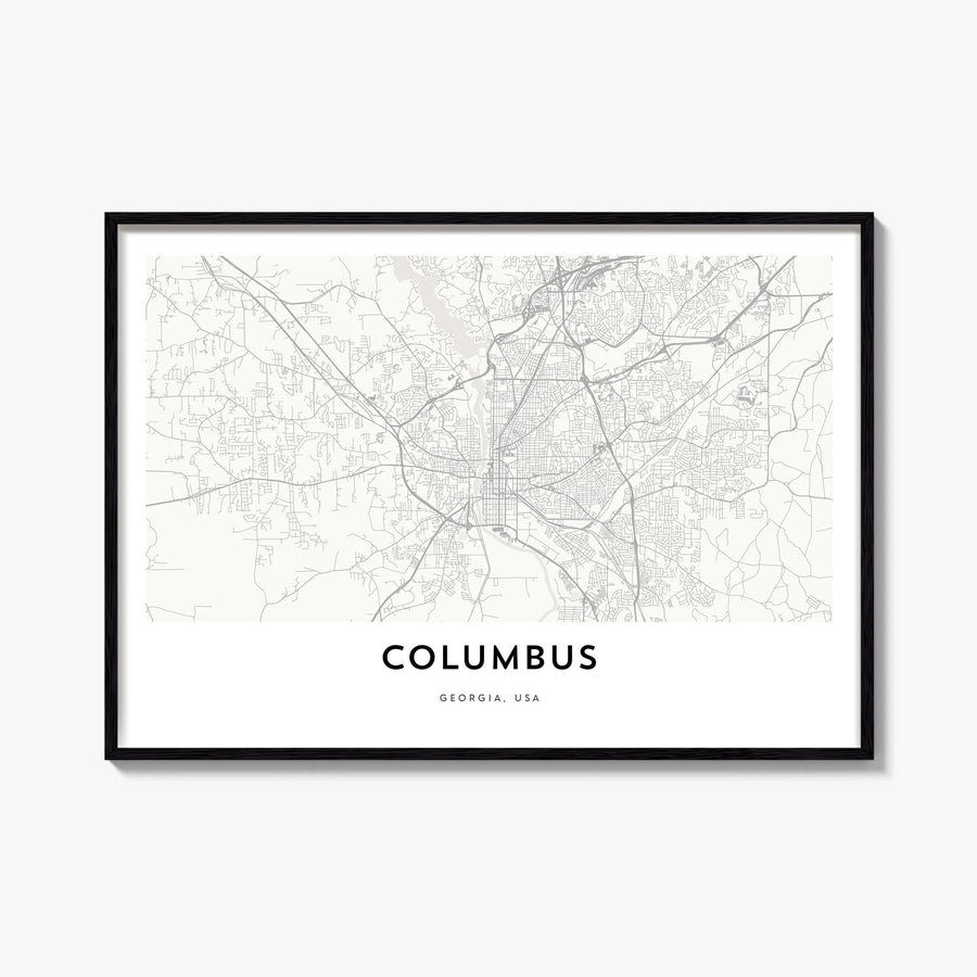 Columbus, Georgia black & white map poster of Georgia, USA – horizontal wall art, unframed print shown in interior mockup