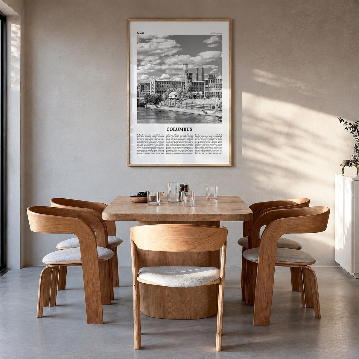 Columbus, Georgia black & white newspaper poster of Georgia, USA – vertical wall art in natural wood frame, hanging on wall
