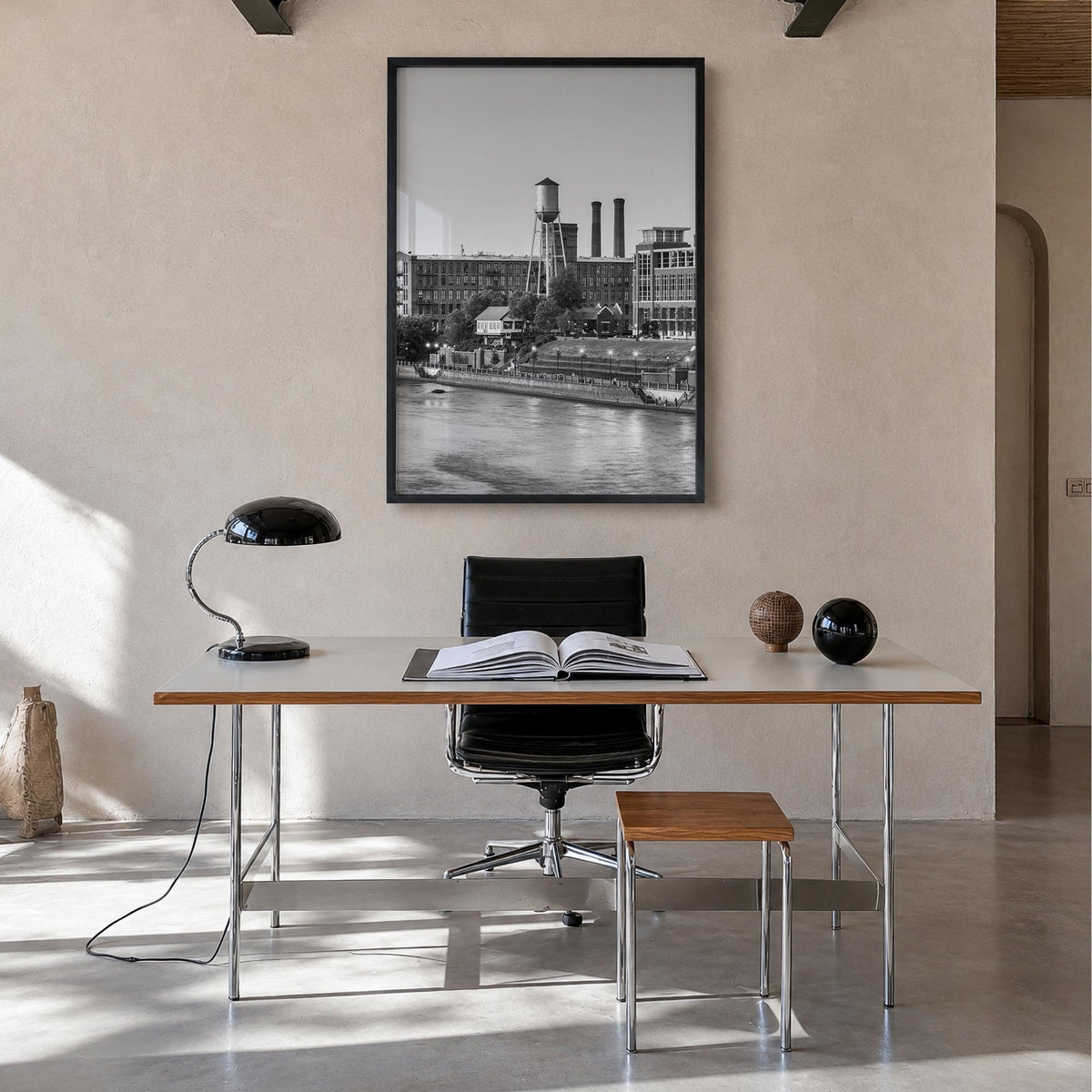 Columbus, Georgia black & white photo poster of Georgia, USA – vertical wall art in black wood frame, hanging on wall