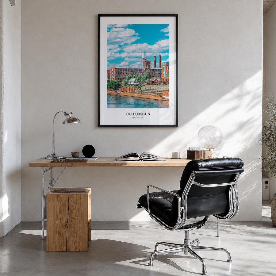 Columbus, Georgia colorful classic poster of Georgia, USA – vertical wall art in black wood frame, hanging on wall