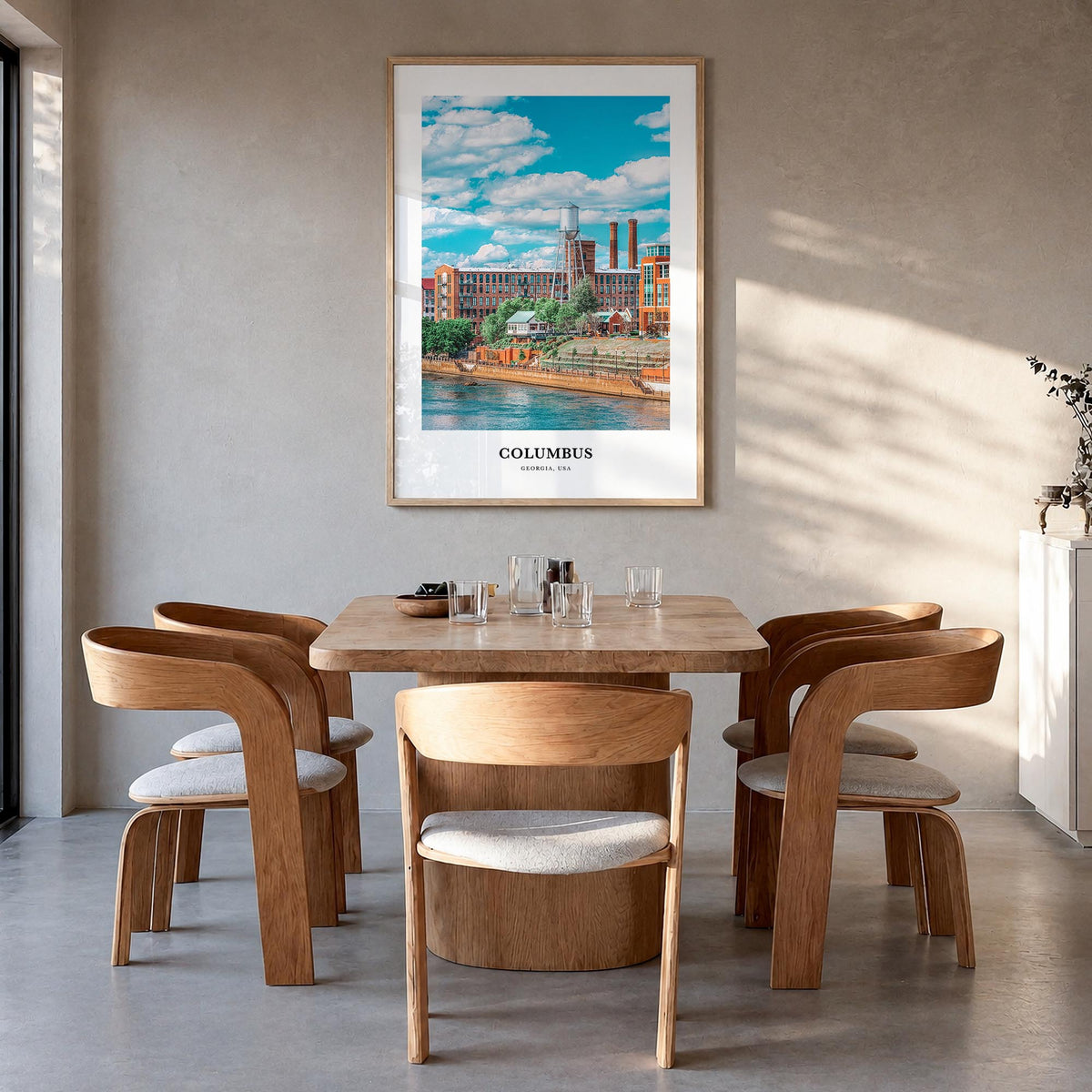 Columbus, Georgia colorful classic poster of Georgia, USA – vertical wall art in natural wood frame, hanging on wall