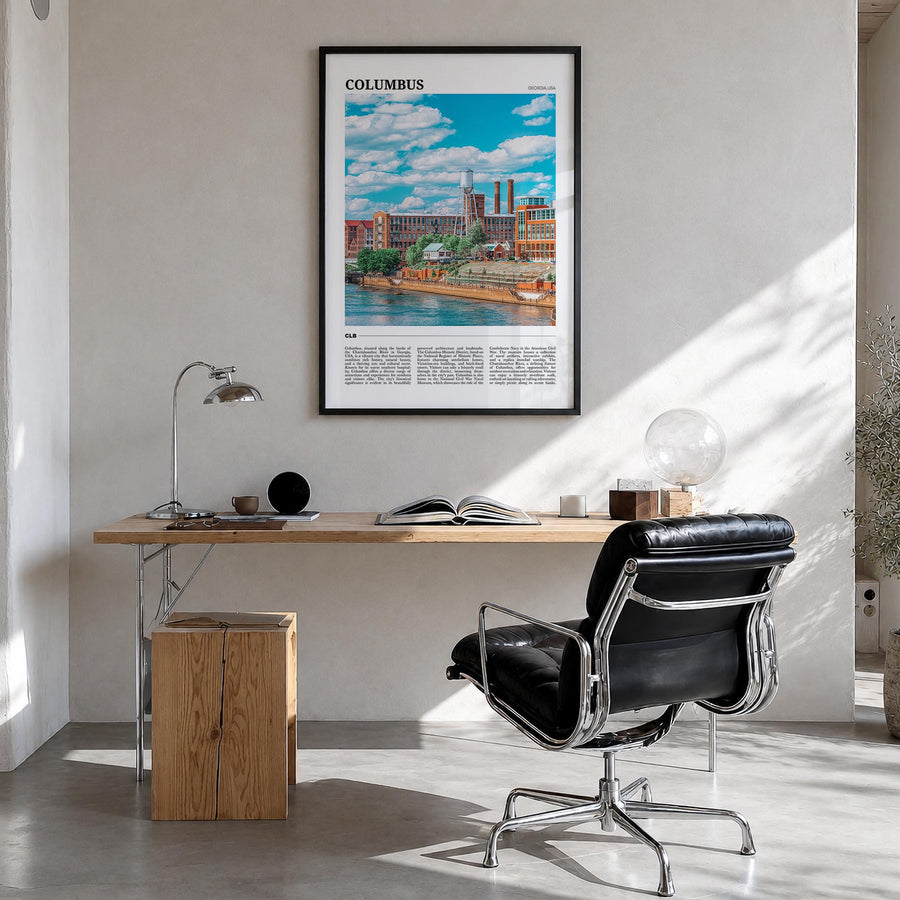 Columbus, Georgia colorful travel poster of Georgia, USA – vertical wall art in black wood frame, hanging on wall