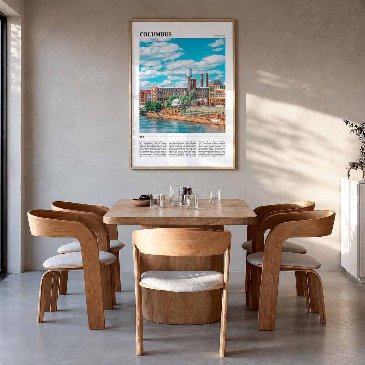 Columbus, Georgia colorful travel poster of Georgia, USA – vertical wall art in natural wood frame, hanging on wall