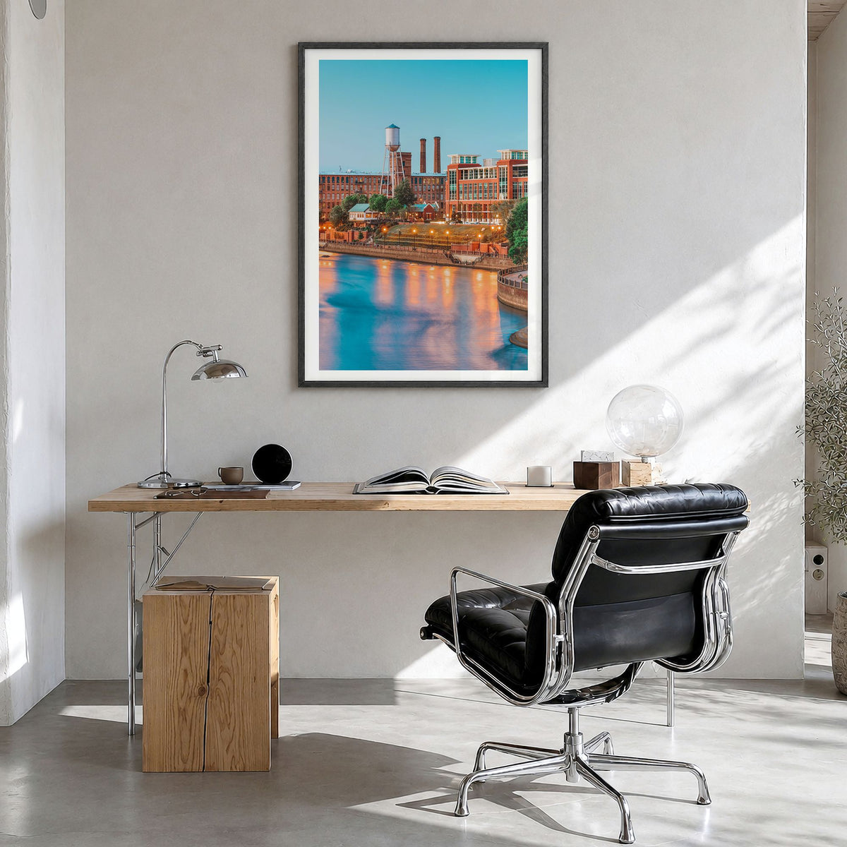 Columbus, Georgia Photo Poster in a black wood frame, hanging in a bright home office, white border