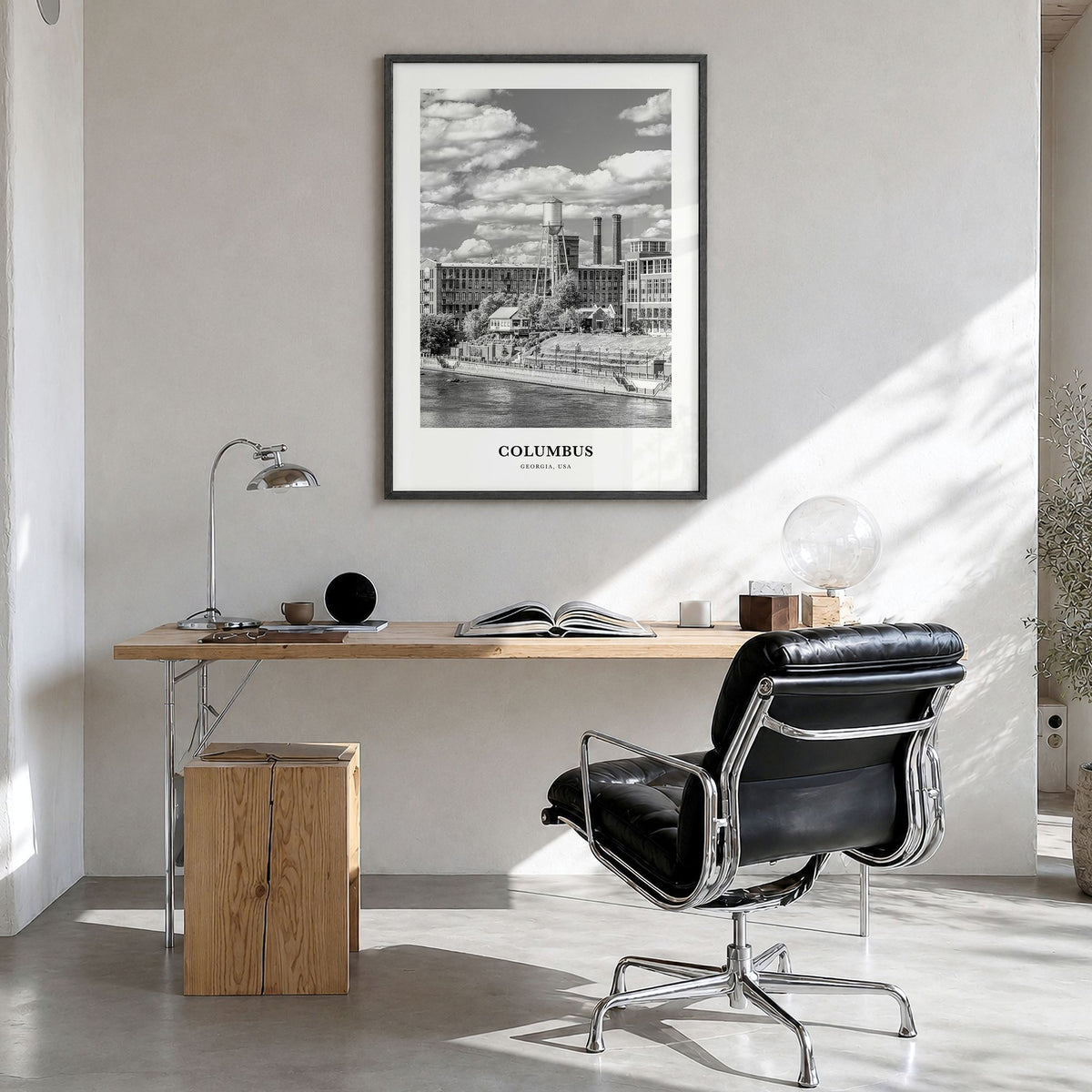 Columbus, Georgia Classic Poster in a black wood frame, hanging in a bright home office