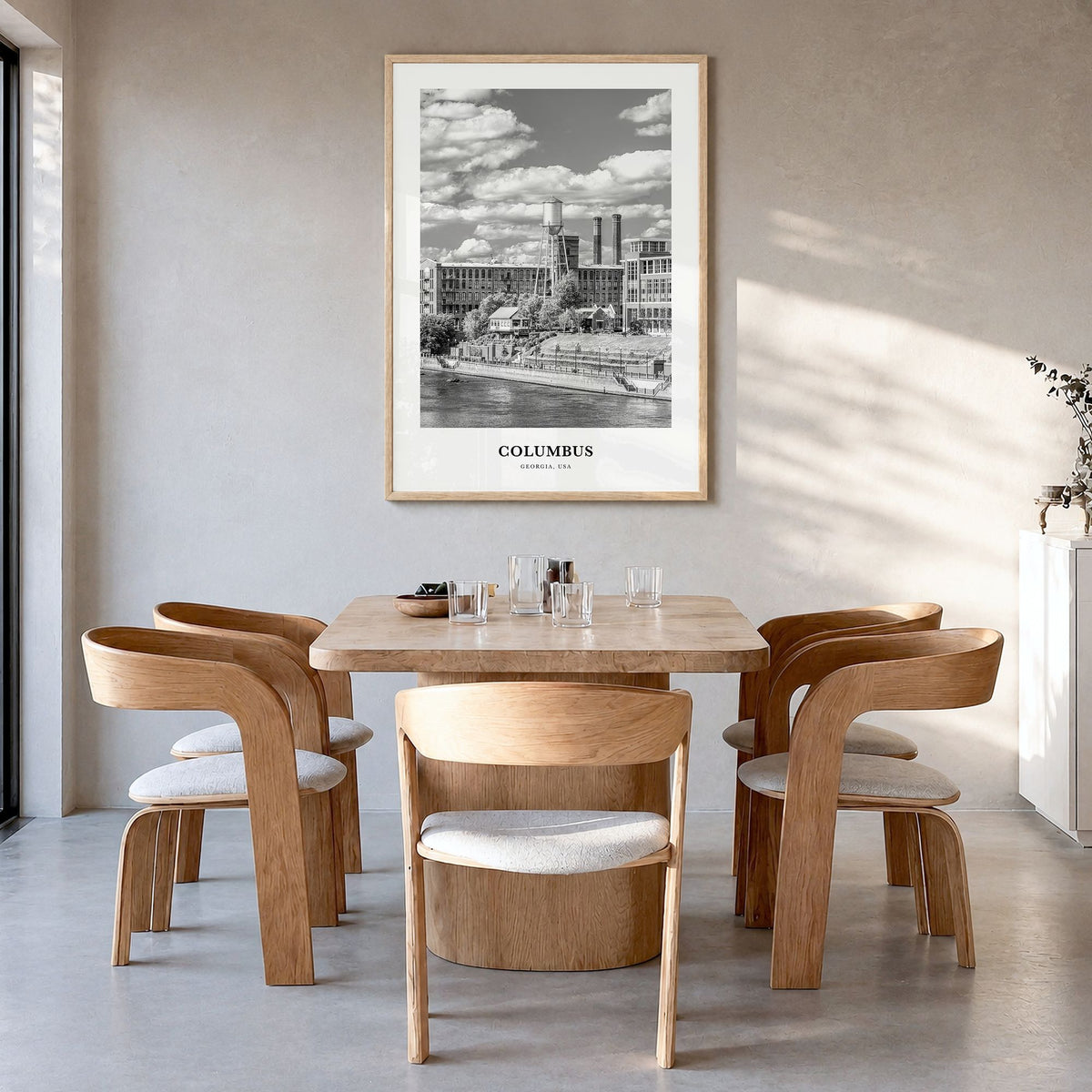 Columbus, Georgia Classic Poster in a natural wood frame, hanging in a dining room