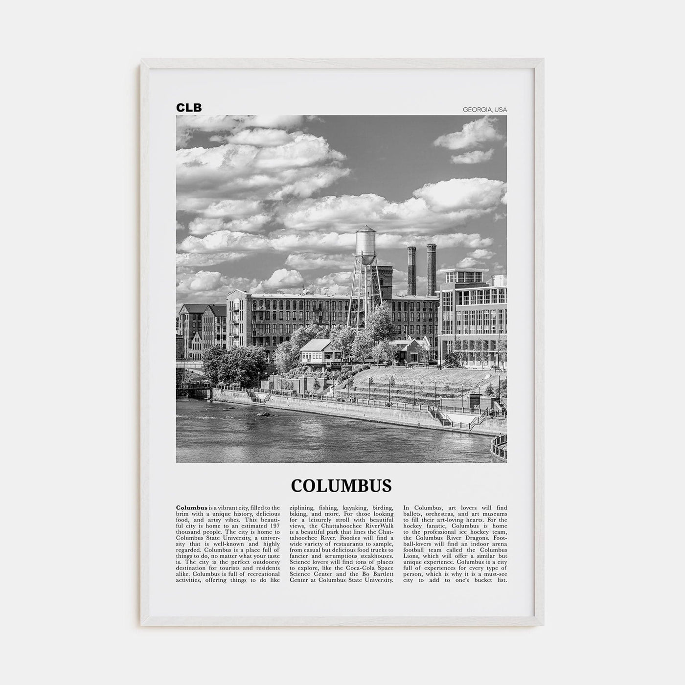 Columbus, Georgia Poster White Wood / 8x12 in Nbourhood Travel B&W Poster