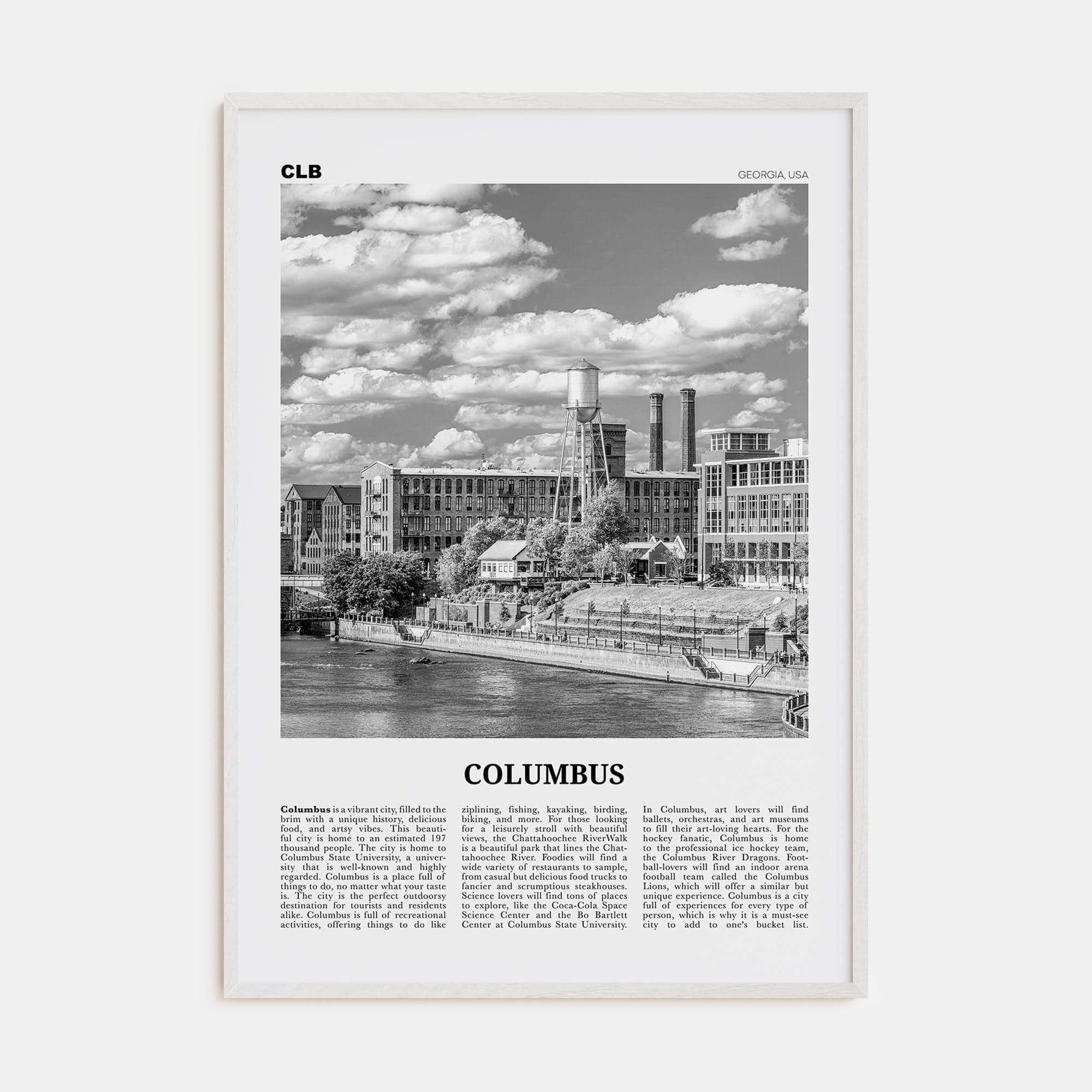 Columbus, Georgia Poster White Wood / 8x12 in Nbourhood Travel B&W Poster