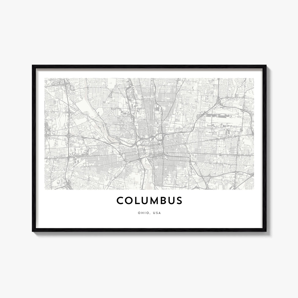 Columbus, Ohio black & white map poster of Ohio, USA – horizontal wall art, unframed print shown in interior mockup