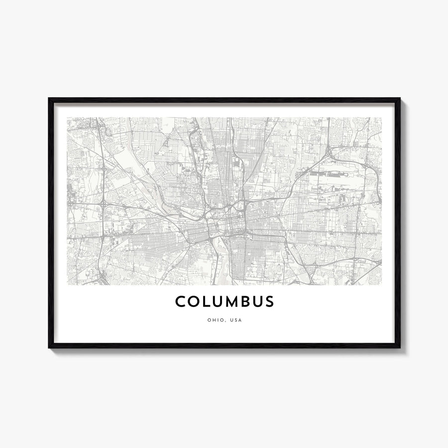 Columbus, Ohio black & white map poster of Ohio, USA – horizontal wall art, unframed print shown in interior mockup