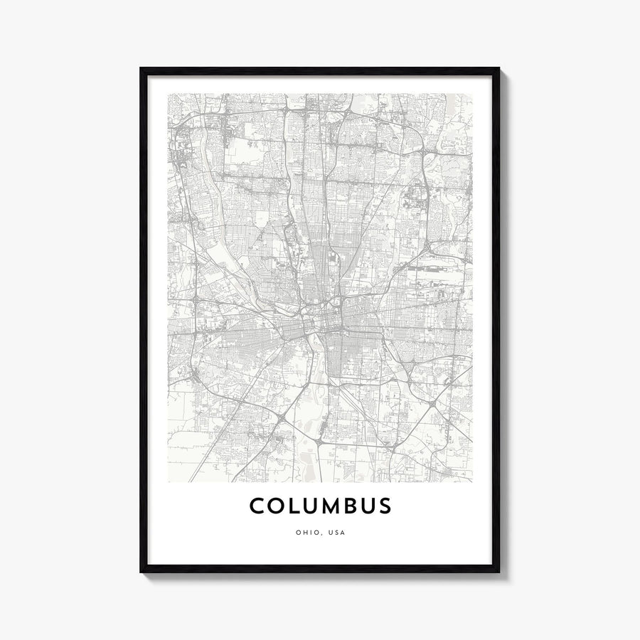 Columbus, Ohio black & white map poster of Ohio, USA – vertical wall art, unframed print shown in interior mockup