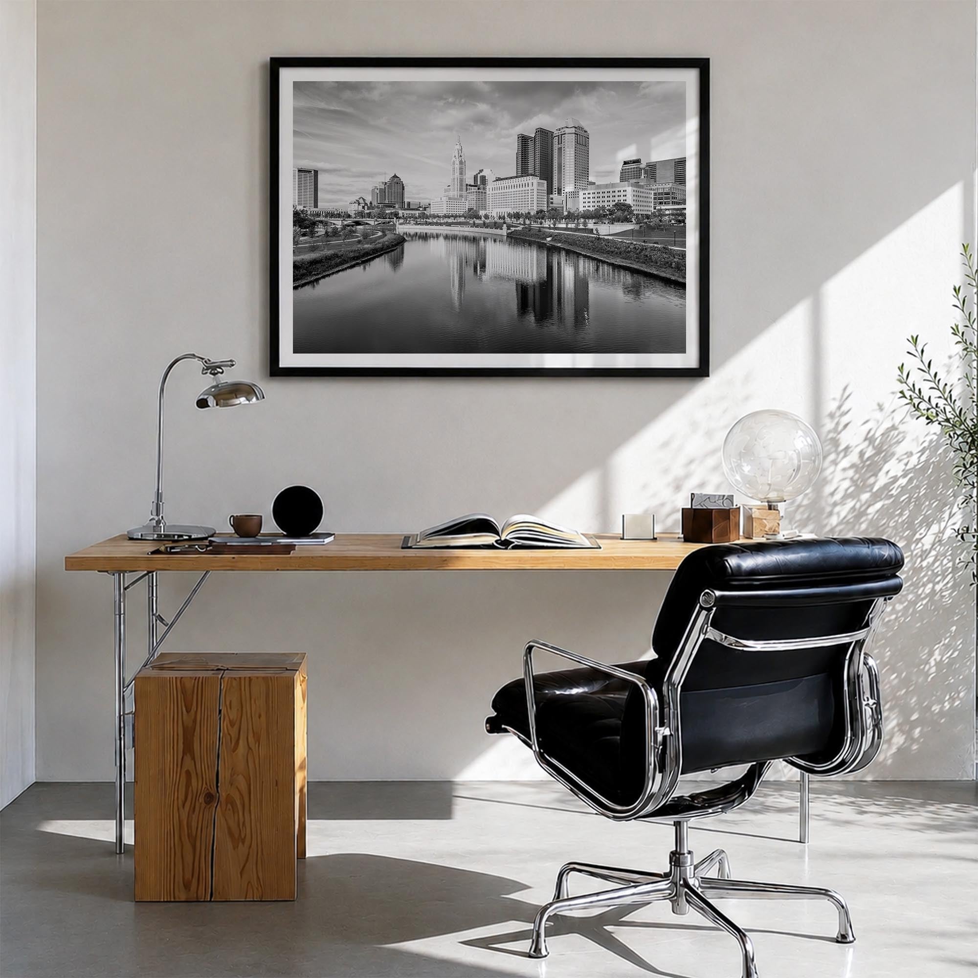 Columbus, Ohio black & white photo poster of Ohio, USA – horizontal wall art in black wood frame with white border, hanging o