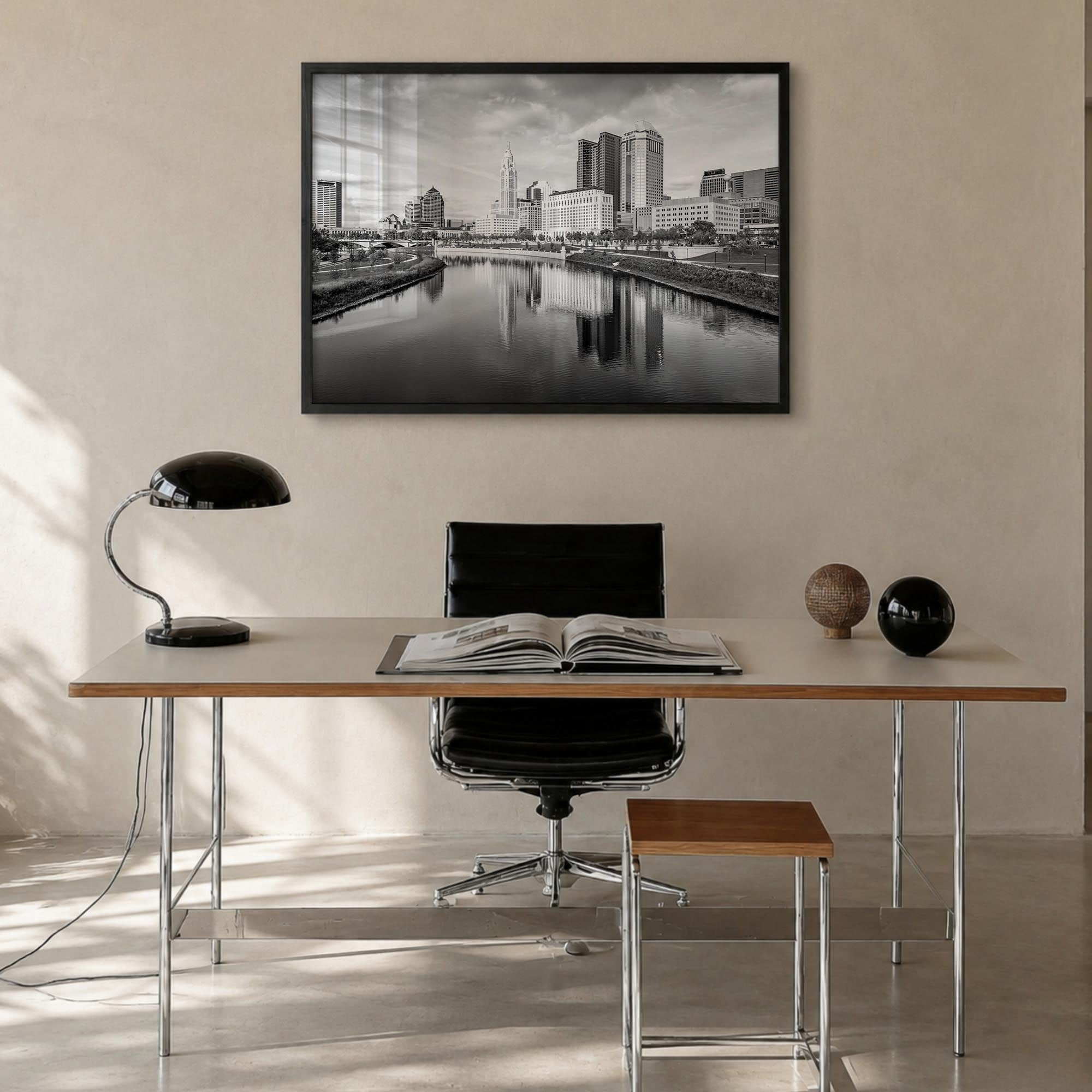Columbus, Ohio black & white photo poster of Ohio, USA – horizontal wall art in black wood frame, hanging on wall