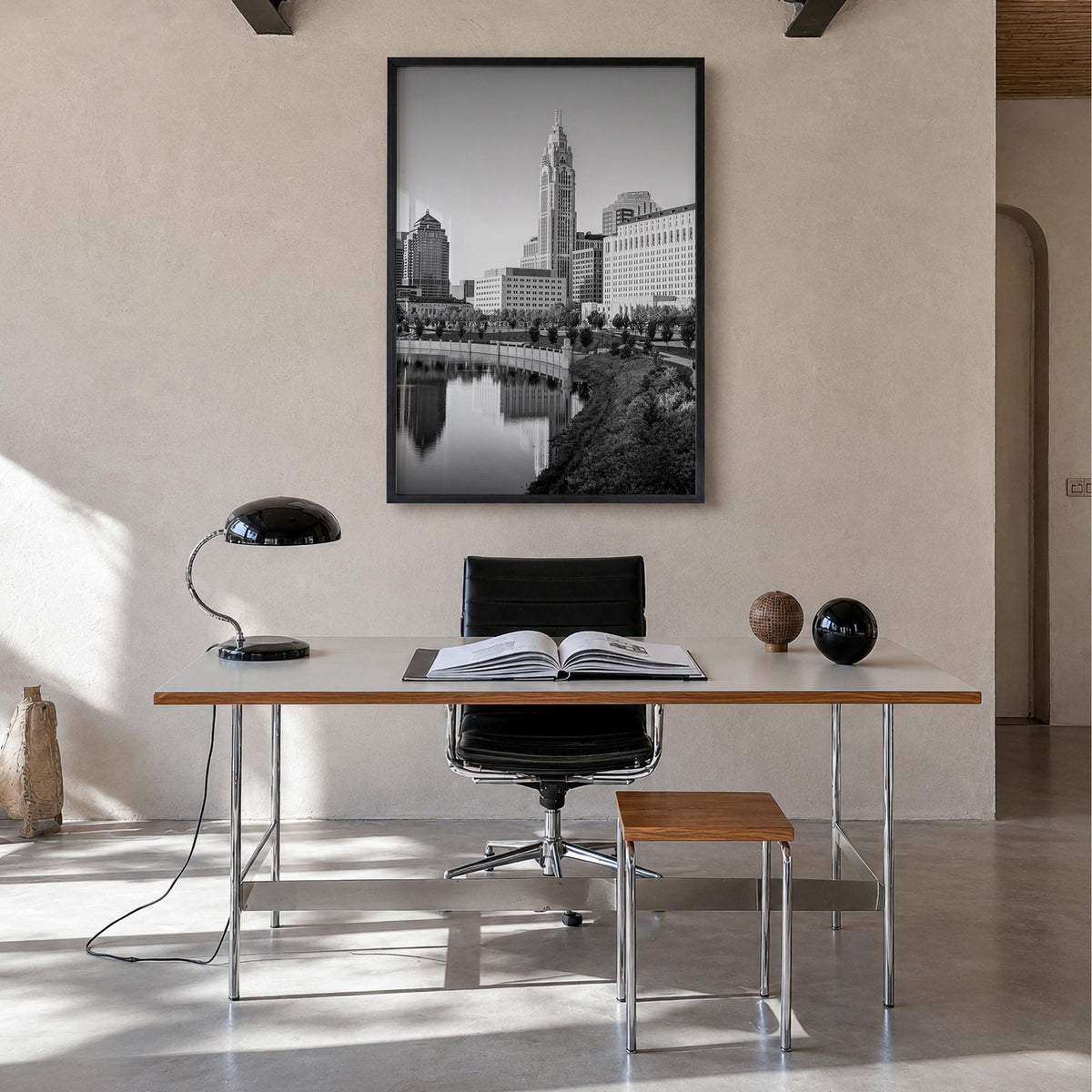 Columbus, Ohio black & white photo poster of Ohio, USA – vertical wall art in black wood frame, hanging on wall