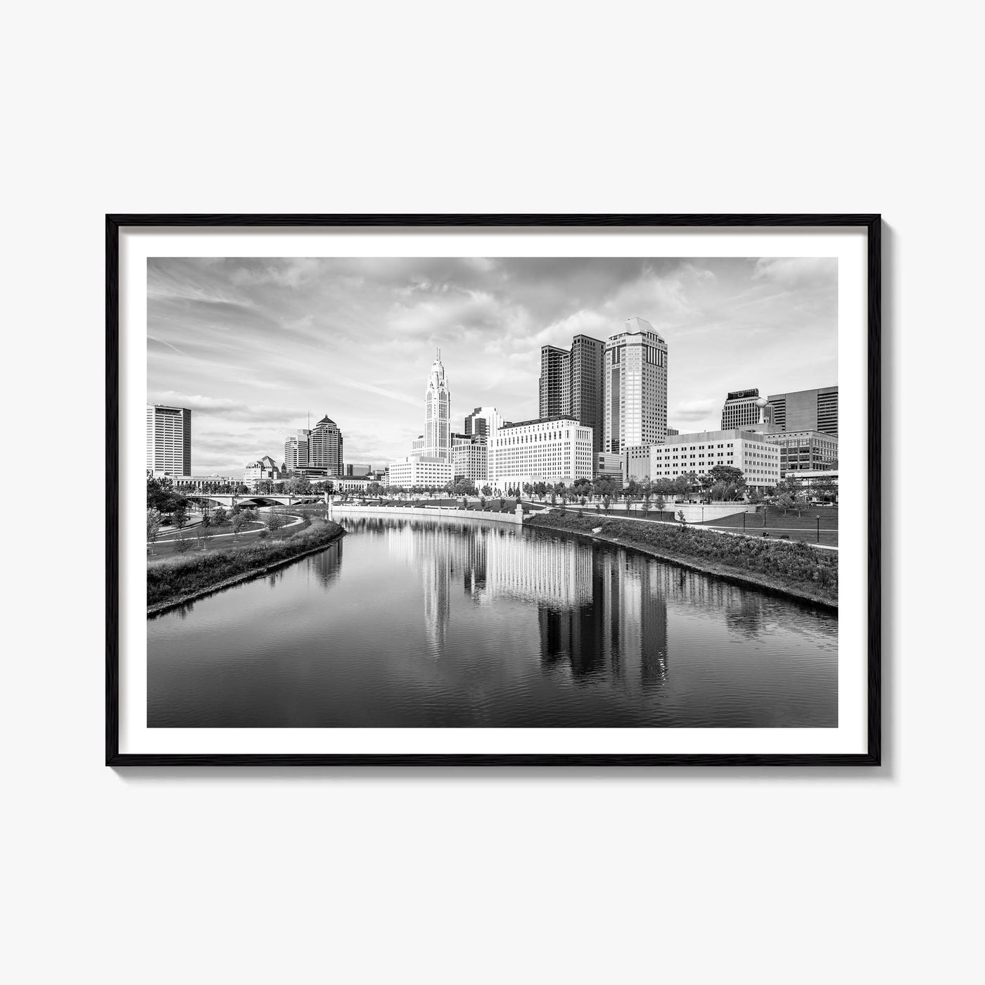 Columbus, Ohio black & white photo poster of Ohio, USA – horizontal wall art, unframed print shown in interior mockup