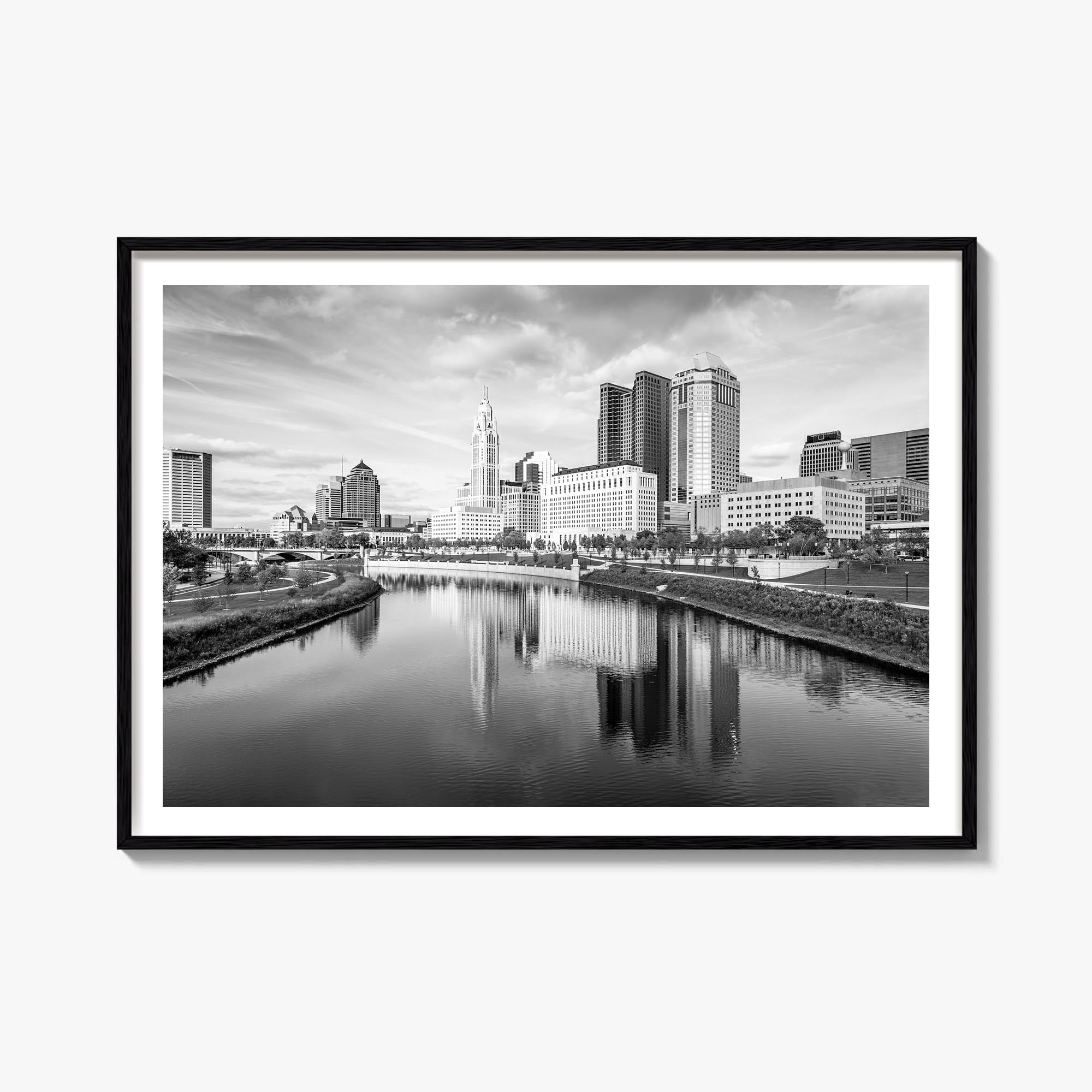 Columbus, Ohio black & white photo poster of Ohio, USA – horizontal wall art, unframed print shown in interior mockup