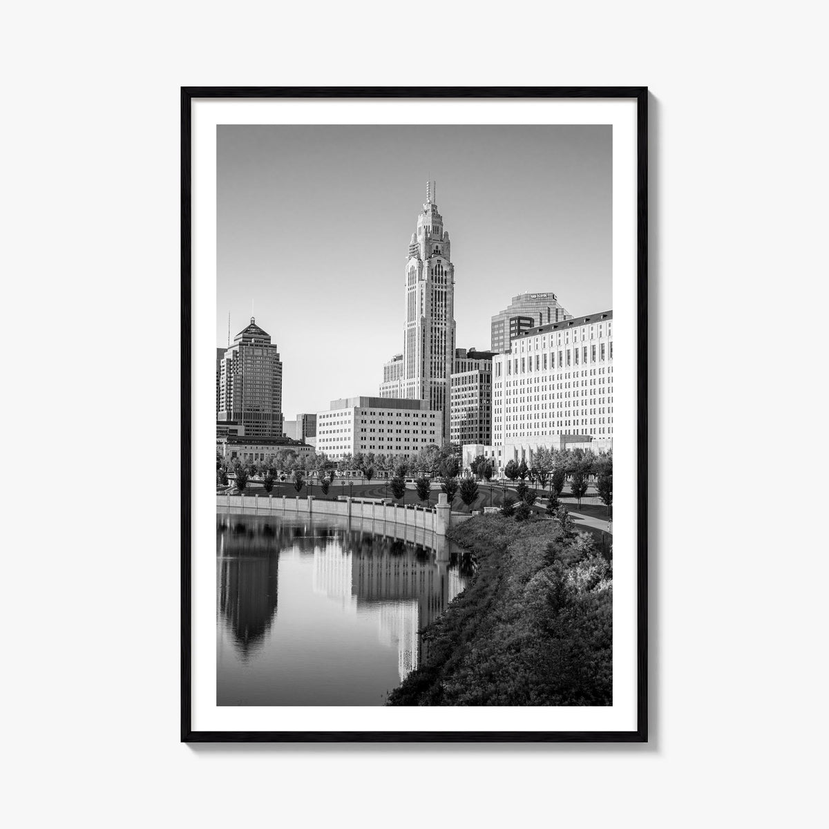 Columbus, Ohio black & white photo poster of Ohio, USA – vertical wall art, unframed print shown in interior mockup
