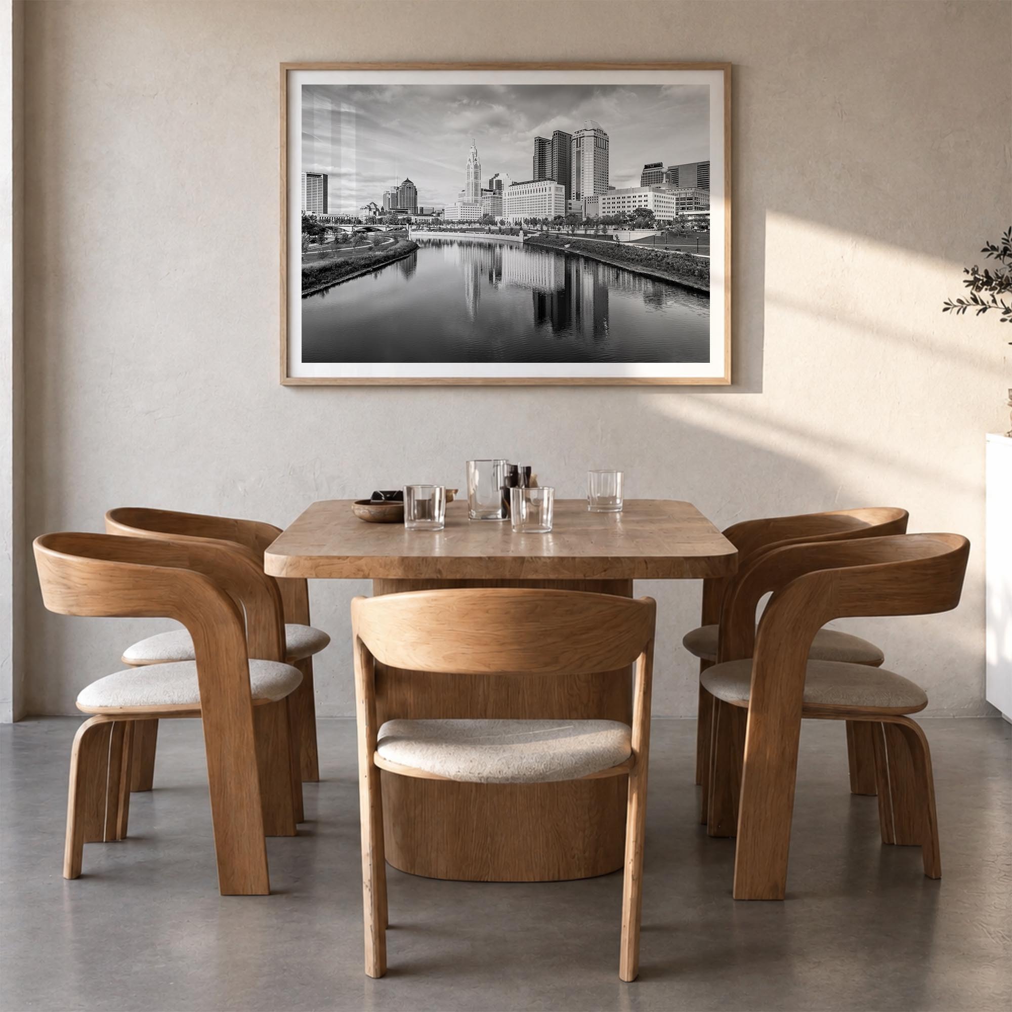 Columbus, Ohio black & white photo poster of Ohio, USA – horizontal wall art in natural wood frame with white border, hanging