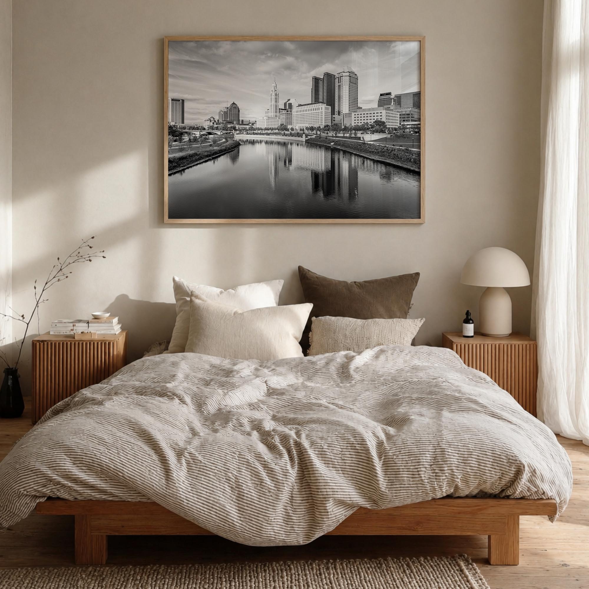 Columbus, Ohio black & white photo poster of Ohio, USA – horizontal wall art in natural wood frame, hanging on wall