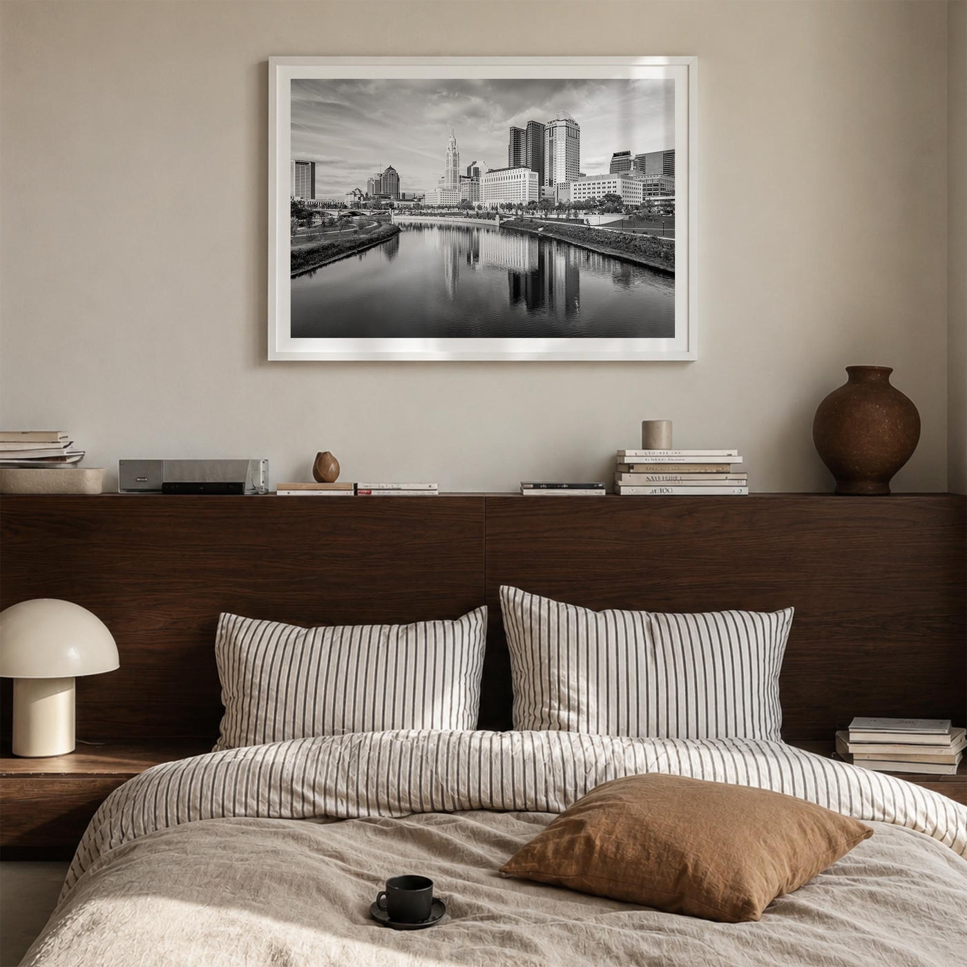 Columbus, Ohio black & white photo poster of Ohio, USA – horizontal wall art in white wood frame with white border, hanging o