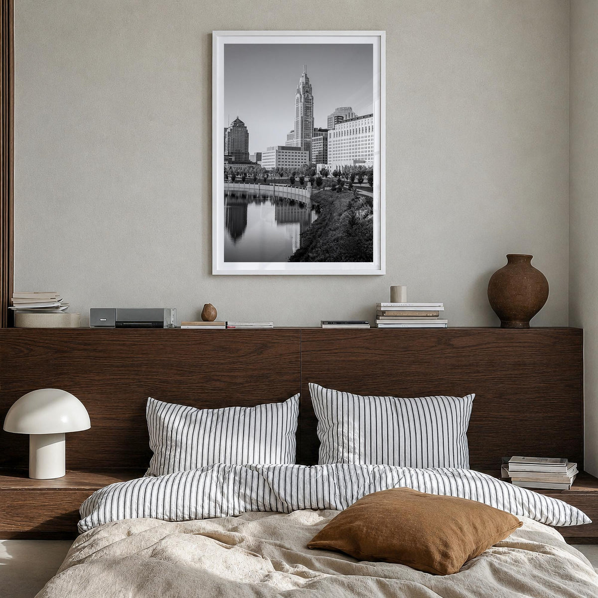 Columbus, Ohio black & white photo poster of Ohio, USA – vertical wall art in white wood frame with white border, hanging on 