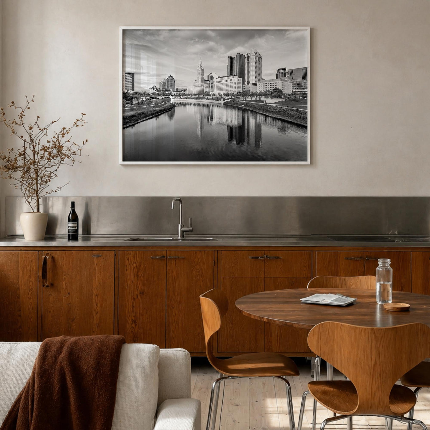 Columbus, Ohio black & white photo poster of Ohio, USA – horizontal wall art in white wood frame, hanging on wall