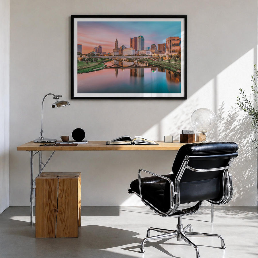 Columbus, Ohio colorful photo poster of Ohio, USA – horizontal wall art in black wood frame with white border, hanging on wal