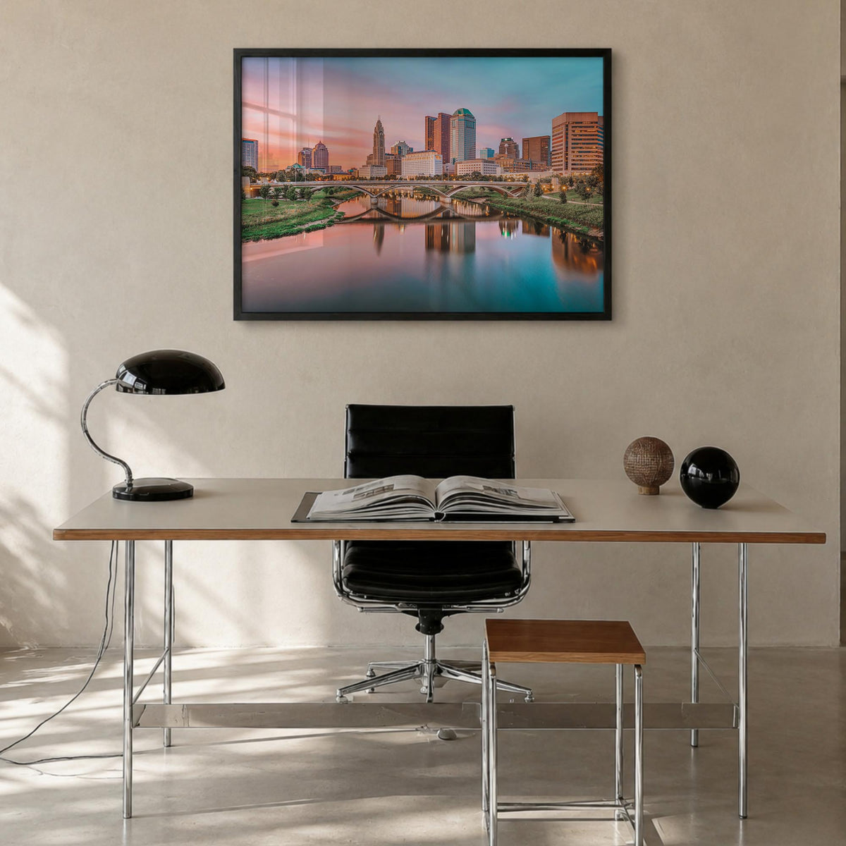 Columbus, Ohio colorful photo poster of Ohio, USA – horizontal wall art in black wood frame, hanging on wall
