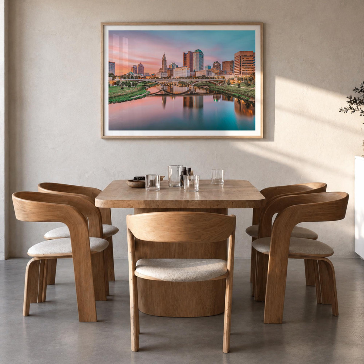 Columbus, Ohio colorful photo poster of Ohio, USA – horizontal wall art in natural wood frame with white border, hanging on w