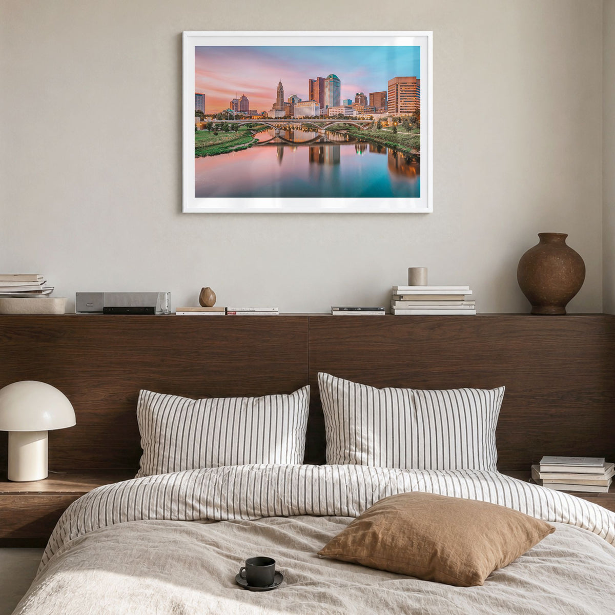 Columbus, Ohio Photo Poster in a white wood frame, hanging in a bedroom, white border