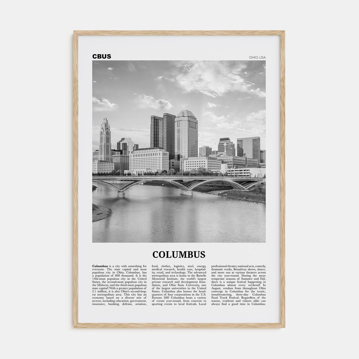 Columbus, Ohio No 1 Poster Natural Wood / 8x12 in Nbourhood Travel B&W Poster