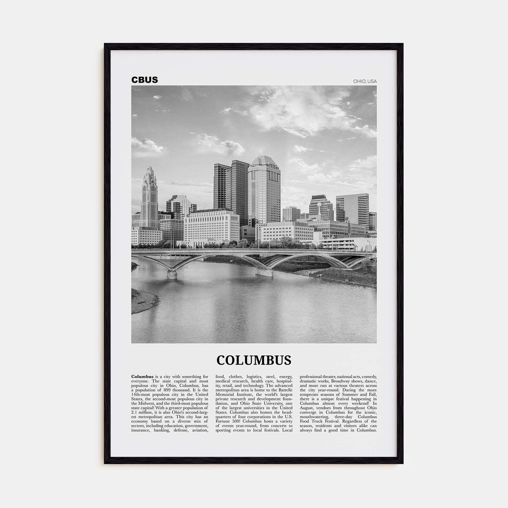 Columbus, Ohio No 1 Poster Black Wood / 8x12 in Nbourhood Travel B&W Poster