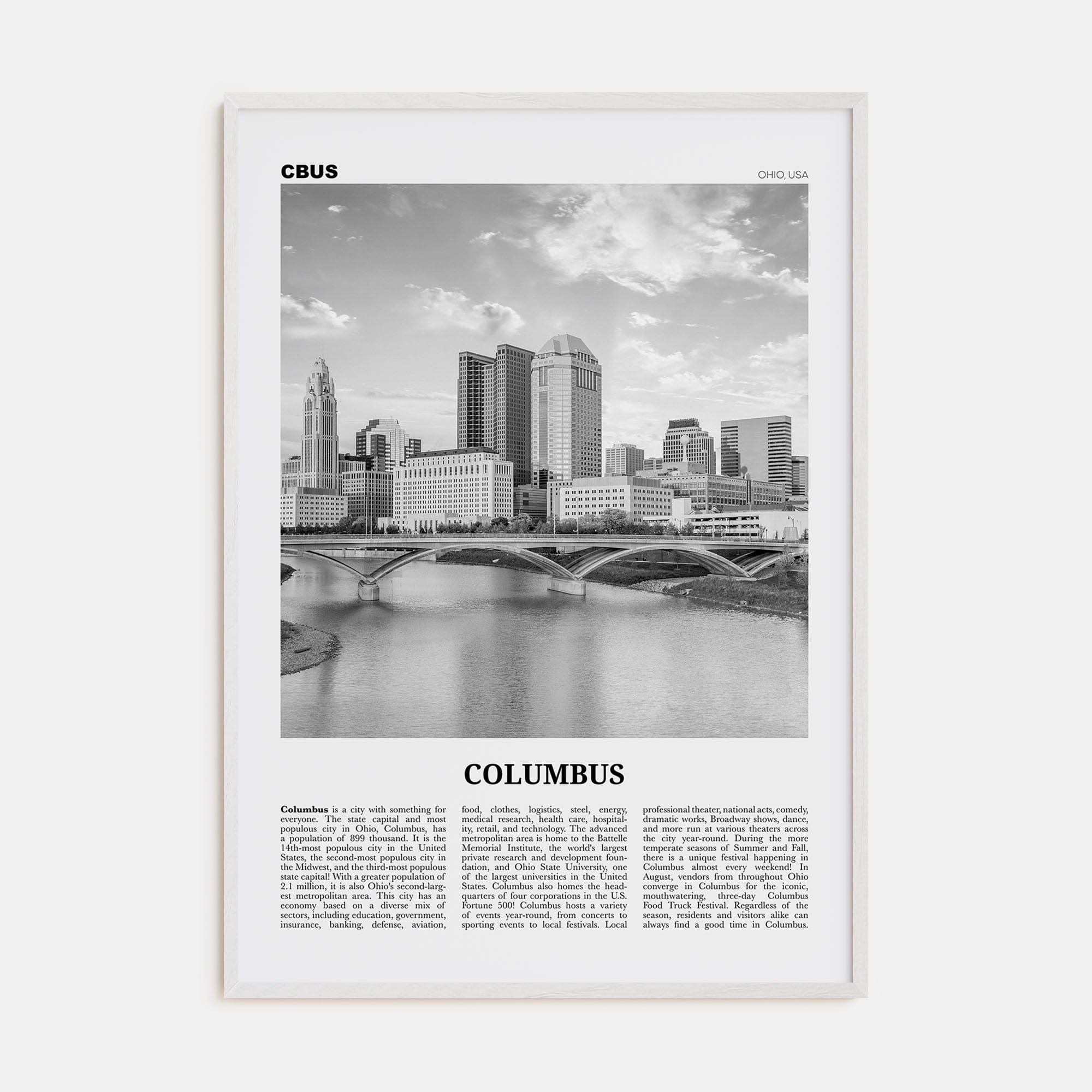 Columbus, Ohio No 1 Poster White Wood / 8x12 in Nbourhood Travel B&W Poster