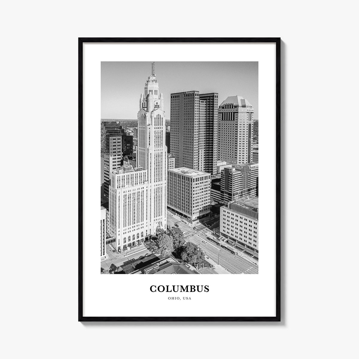 Columbus, Ohio no. 2 black & white classic poster of Ohio, USA – vertical wall art, unframed print shown in interior mockup